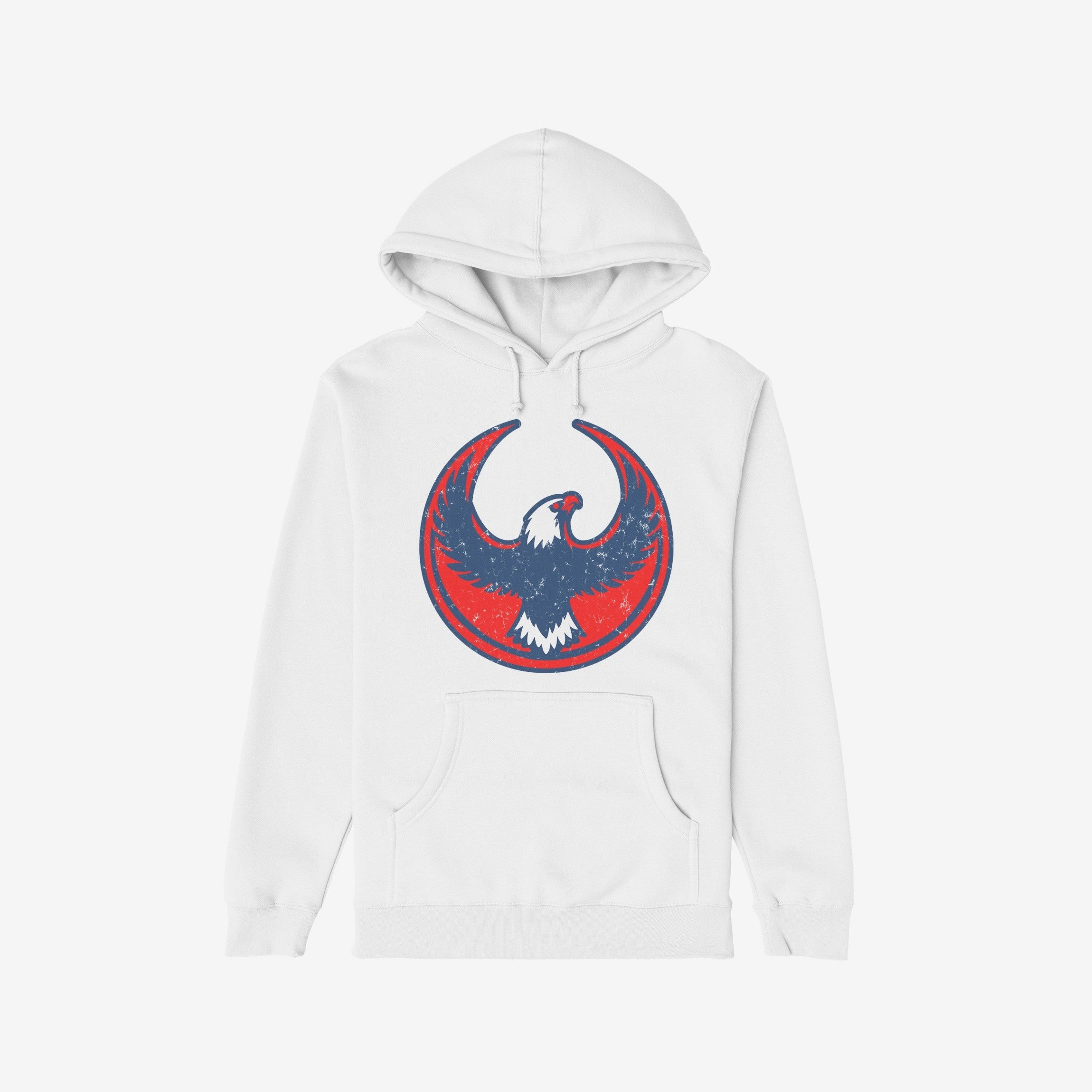USA Rebel Alliance Hoodie featuring a stylized eagle graphic with distressed red and navy colors, symbolizing defiance. Perfect for advocates of equality and resistance against fascism and racism.