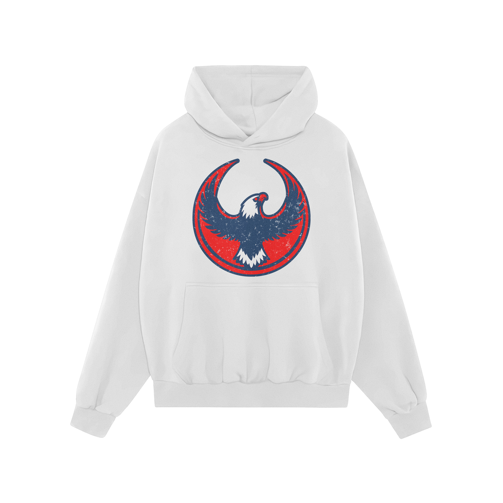 USA Rebel Alliance Hoodie featuring a stylized eagle graphic with distressed red and navy colors, symbolizing defiance. Perfe