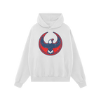 USA Rebel Alliance Hoodie featuring a stylized eagle graphic with distressed red and navy colors, symbolizing defiance. Perfe