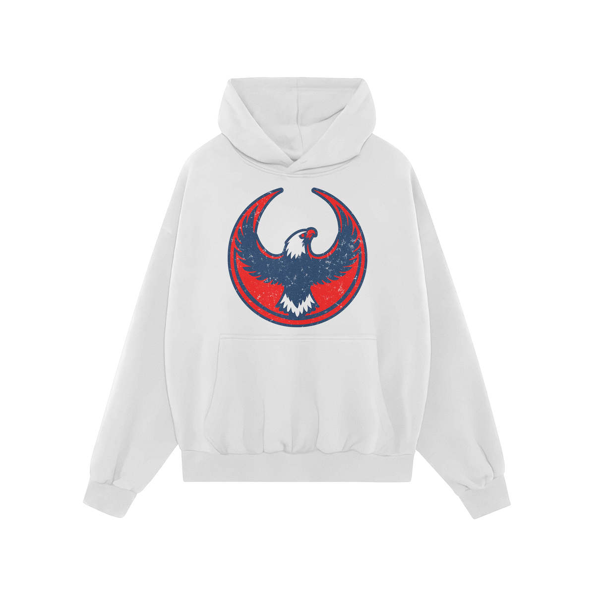 USA Rebel Alliance Hoodie featuring a stylized eagle graphic with distressed red and navy colors, symbolizing defiance. Perfe