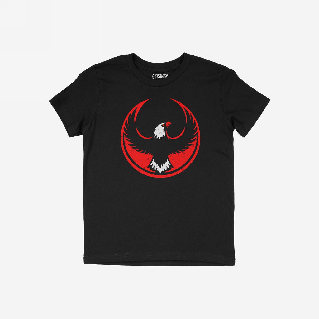USA Rebel Alliance T-shirt featuring a black design with a bold red circle and a soaring eagle emblem. The style embodies anti-fascist principles with a lightly distressed, lived-in look.