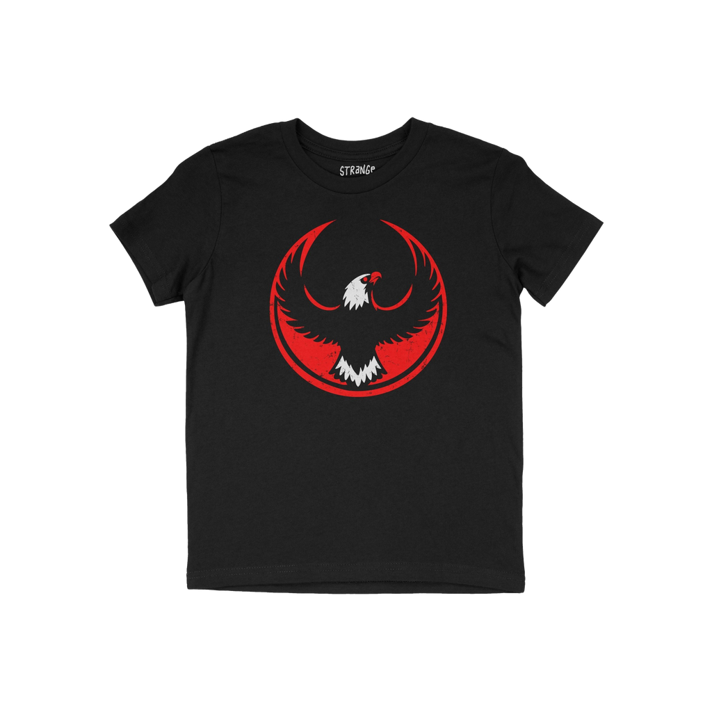 USA Rebel Alliance T-shirt featuring a black design with a bold red circle and a soaring eagle emblem. The style embodies ant