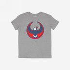 USA Rebel Alliance T-shirt featuring a heather-gray, short-sleeve design with a bold, distressed circular emblem and stylized eagle graphic, embodying a protest-ready stance for equality and community defense.