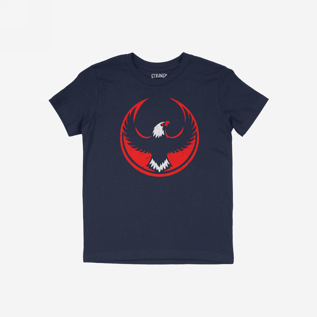 USA Rebel Alliance T-shirt featuring a stylized eagle motif with outstretched wings on a distressed red circle, laid flat. Ideal for those supporting equality and community defense.