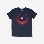 USA Rebel Alliance T-shirt featuring a stylized eagle motif with outstretched wings on a distressed red circle, laid flat. Ideal for those supporting equality and community defense.