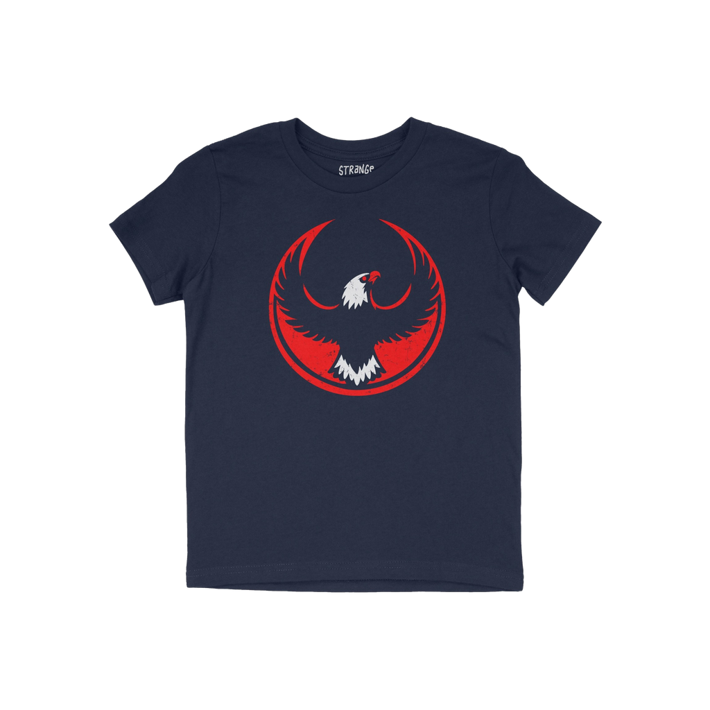 USA Rebel Alliance T-shirt featuring a stylized eagle motif with outstretched wings on a distressed red circle, laid flat. Id