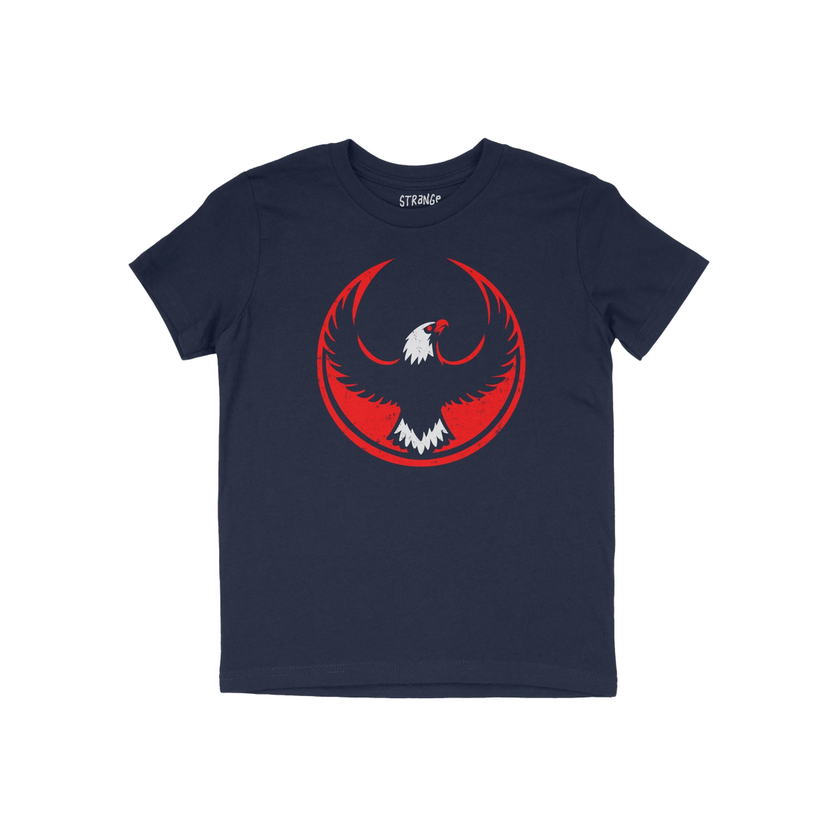 USA Rebel Alliance T-shirt featuring a stylized eagle motif with outstretched wings on a distressed red circle, laid flat. Id