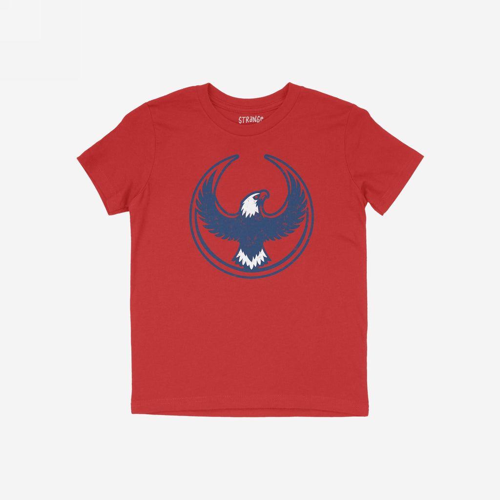 USA Rebel Alliance T-shirt features a stylized eagle graphic, symbolizing freedom and protest, on a red background. Ideal for those supporting equality and immigrant rights, with a lightly distressed, lived-in look.