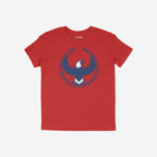 USA Rebel Alliance T-shirt features a stylized eagle graphic, symbolizing freedom and protest, on a red background. Ideal for those supporting equality and immigrant rights, with a lightly distressed, lived-in look.