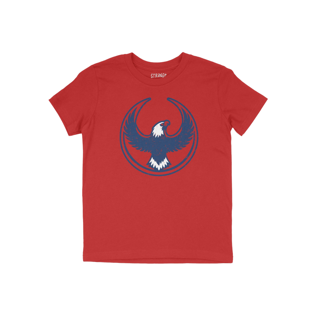USA Rebel Alliance T-shirt features a stylized eagle graphic, symbolizing freedom and protest, on a red background. Ideal for