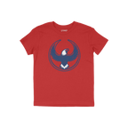 USA Rebel Alliance T-shirt features a stylized eagle graphic, symbolizing freedom and protest, on a red background. Ideal for