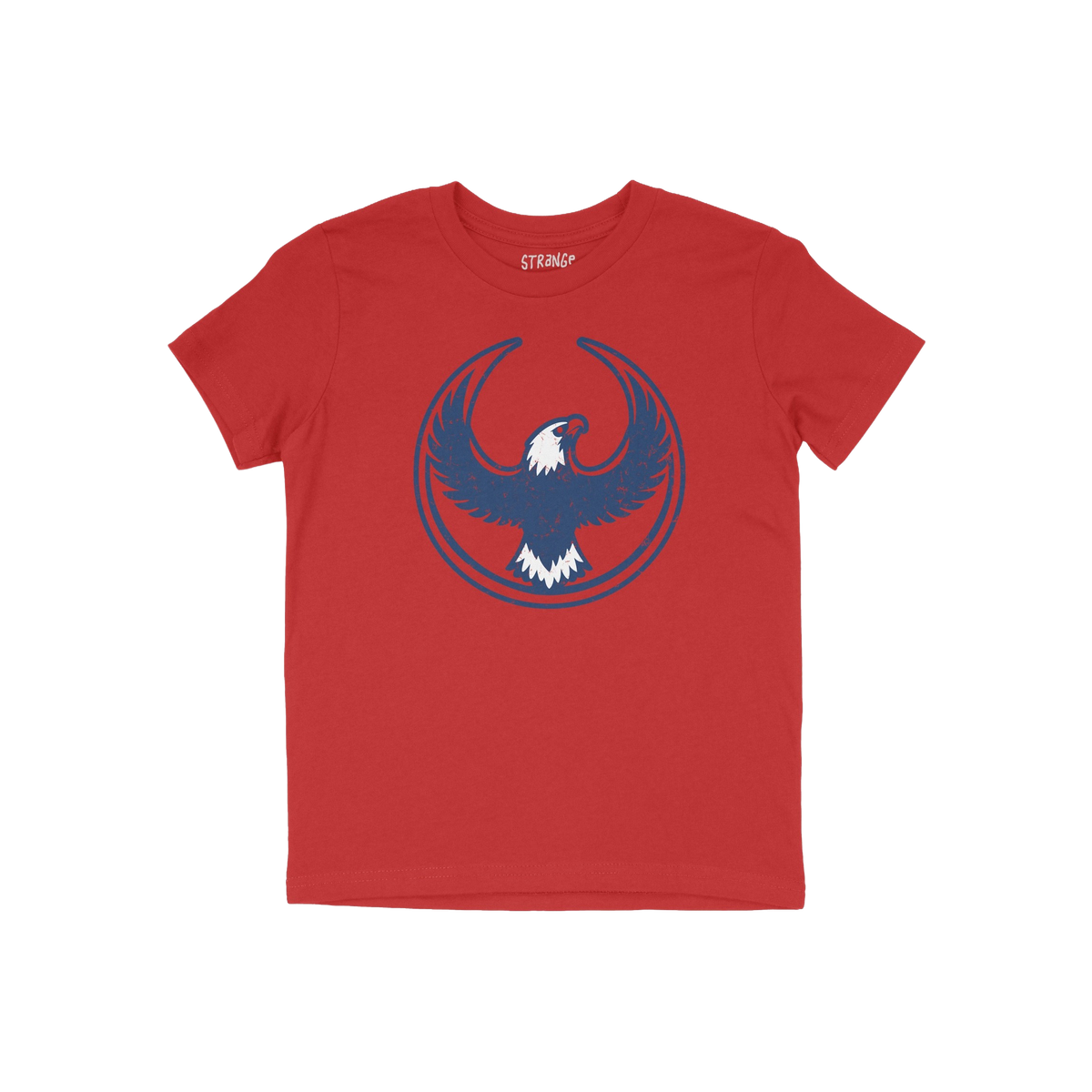 USA Rebel Alliance T-shirt features a stylized eagle graphic, symbolizing freedom and protest, on a red background. Ideal for