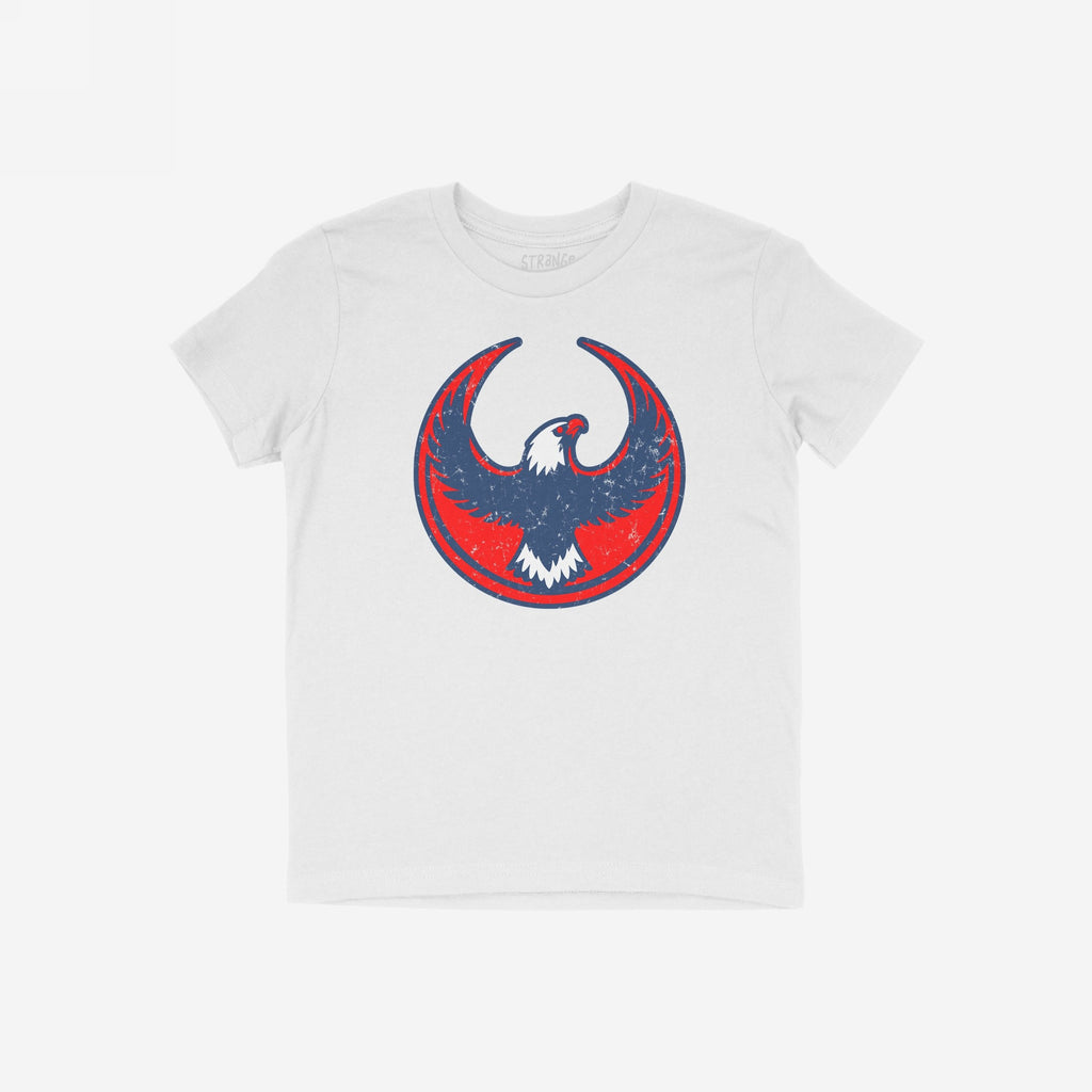 USA Rebel Alliance T-shirt features a stylized eagle emblem in red and blue on a plain white, short-sleeved crew-neck, symbolizing anti-fascism and equality with a slightly distressed, protest-ready design.