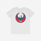 USA Rebel Alliance T-shirt features a stylized eagle emblem in red and blue on a plain white, short-sleeved crew-neck, symbolizing anti-fascism and equality with a slightly distressed, protest-ready design.