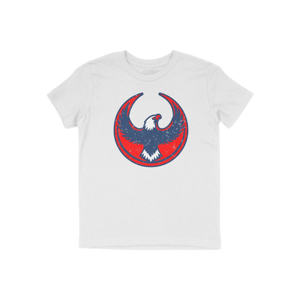 USA Rebel Alliance T-shirt features a stylized eagle emblem in red and blue on a plain white, short-sleeved crew-neck, symbol