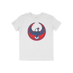 USA Rebel Alliance T-shirt features a stylized eagle emblem in red and blue on a plain white, short-sleeved crew-neck, symbol