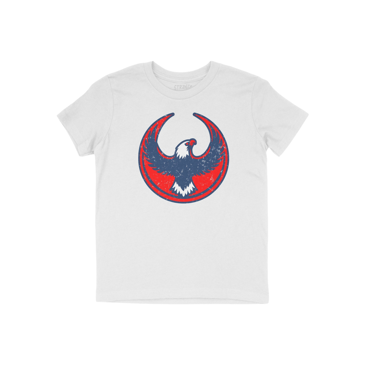 USA Rebel Alliance T-shirt features a stylized eagle emblem in red and blue on a plain white, short-sleeved crew-neck, symbol