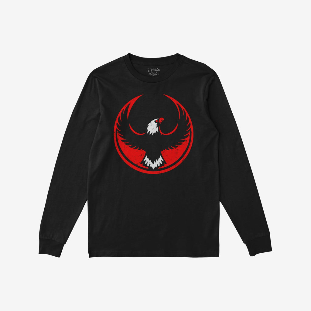 USA Rebel Alliance T-shirt featuring a bold, circular eagle emblem with red accents on a black long-sleeved tee, symbolizing resistance and equality.