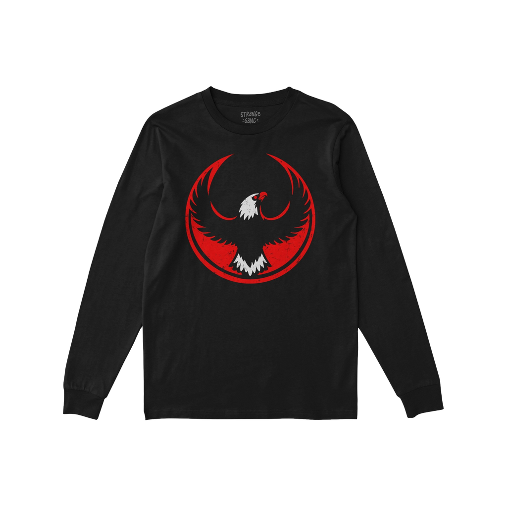 USA Rebel Alliance T-shirt featuring a bold, circular eagle emblem with red accents on a black long-sleeved tee, symbolizing 