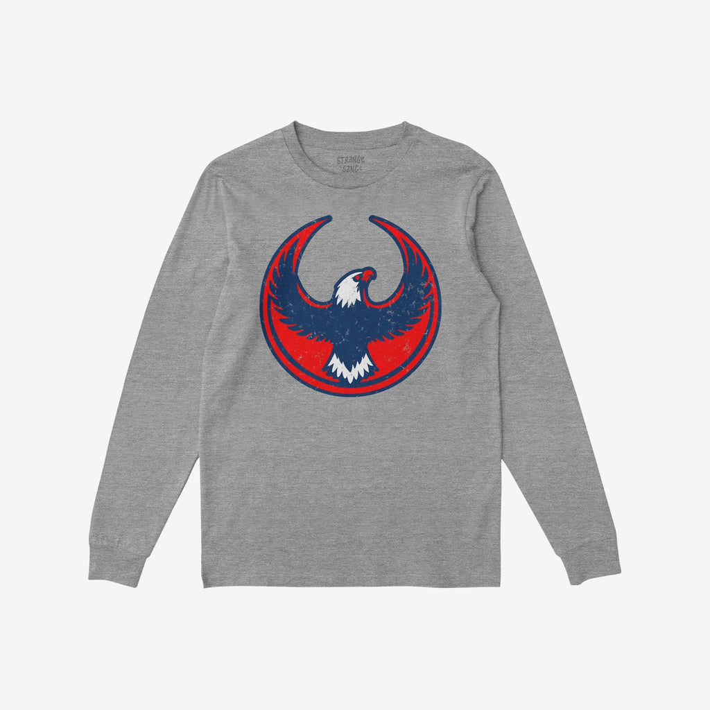 Heather-gray USA Rebel Alliance T-shirt with a distressed circular emblem of a stylized bald eagle, symbolizing anti-fascism and equality. Features a faint label inside the collar.