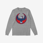 Heather-gray USA Rebel Alliance T-shirt with a distressed circular emblem of a stylized bald eagle, symbolizing anti-fascism and equality. Features a faint label inside the collar.