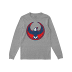 Heather-gray USA Rebel Alliance T-shirt with a distressed circular emblem of a stylized bald eagle, symbolizing anti-fascism 