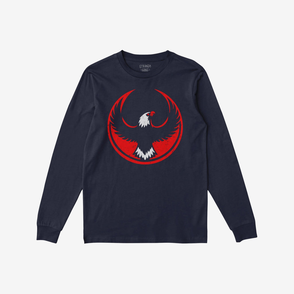 USA Rebel Alliance T-shirt features a navy-blue, long-sleeve design with a stylized eagle graphic in red and white, embodying anti-fascist and equality themes.