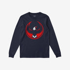 USA Rebel Alliance T-shirt features a navy-blue, long-sleeve design with a stylized eagle graphic in red and white, embodying anti-fascist and equality themes.