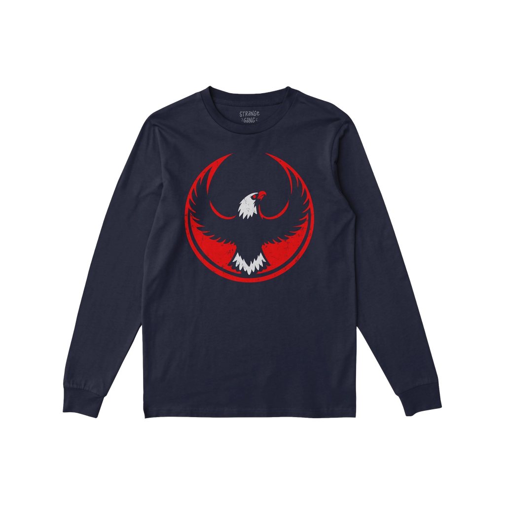 USA Rebel Alliance T-shirt features a navy-blue, long-sleeve design with a stylized eagle graphic in red and white, embodying