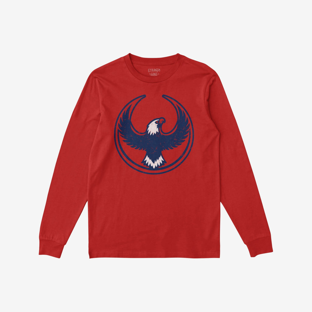 USA Rebel Alliance T-shirt featuring a red, long-sleeved design with a stylized eagle graphic in dark blue and white, embodying a bold stance on immigrant rights and equality.