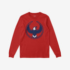 USA Rebel Alliance T-shirt featuring a red, long-sleeved design with a stylized eagle graphic in dark blue and white, embodying a bold stance on immigrant rights and equality.