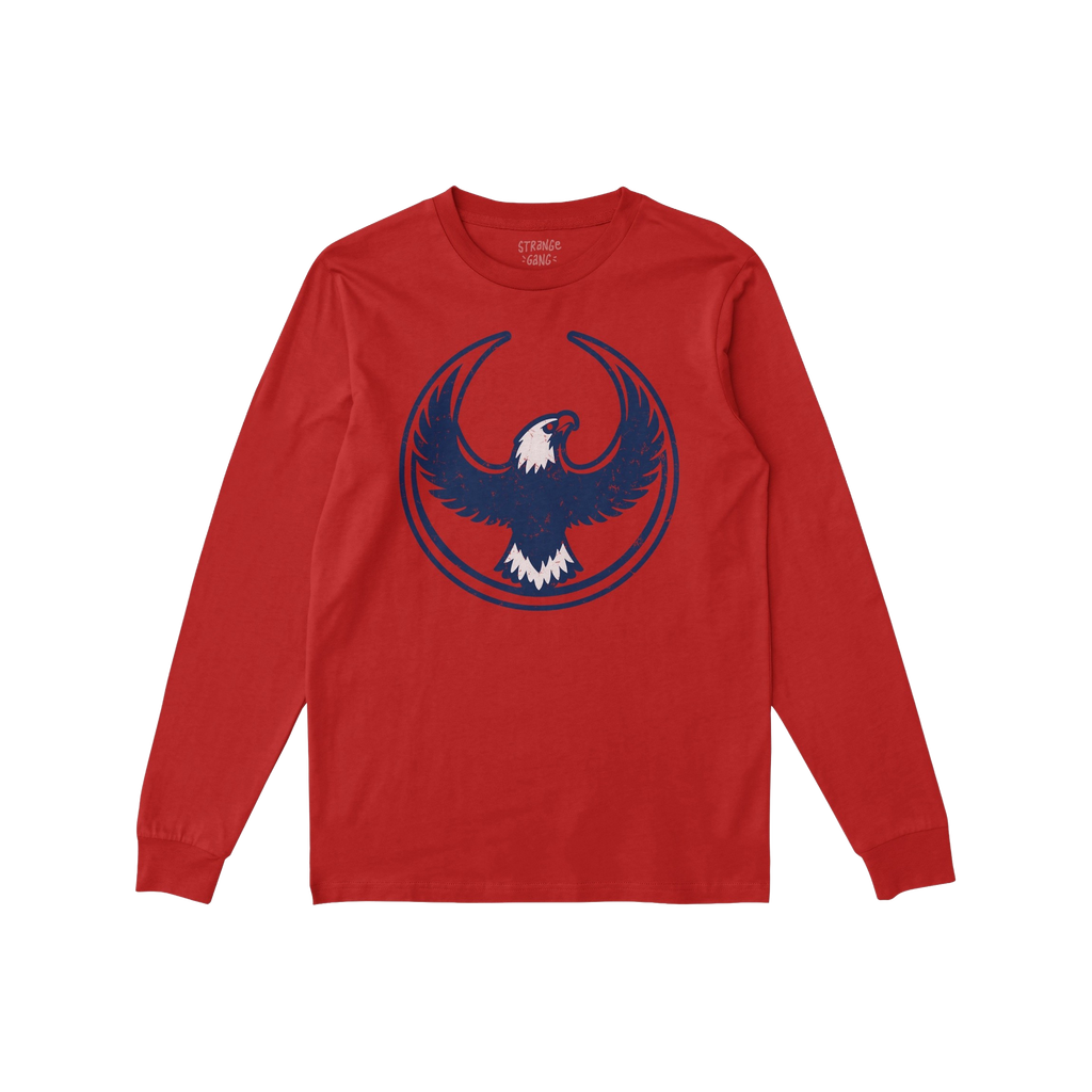 USA Rebel Alliance T-shirt featuring a red, long-sleeved design with a stylized eagle graphic in dark blue and white, embodyi