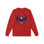 USA Rebel Alliance T-shirt featuring a red, long-sleeved design with a stylized eagle graphic in dark blue and white, embodyi