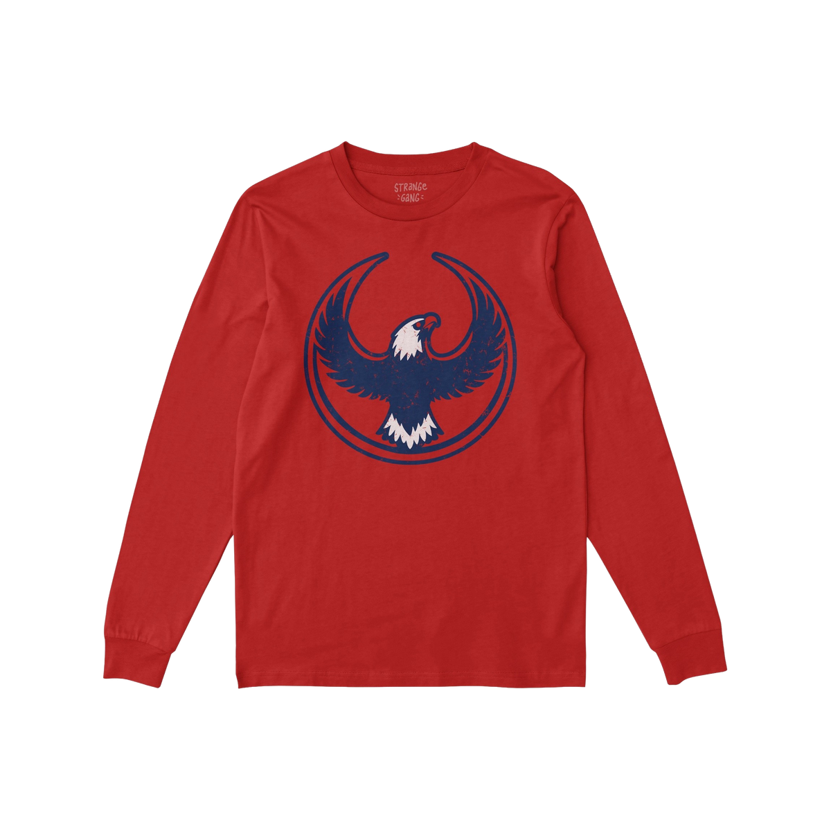 USA Rebel Alliance T-shirt featuring a red, long-sleeved design with a stylized eagle graphic in dark blue and white, embodyi