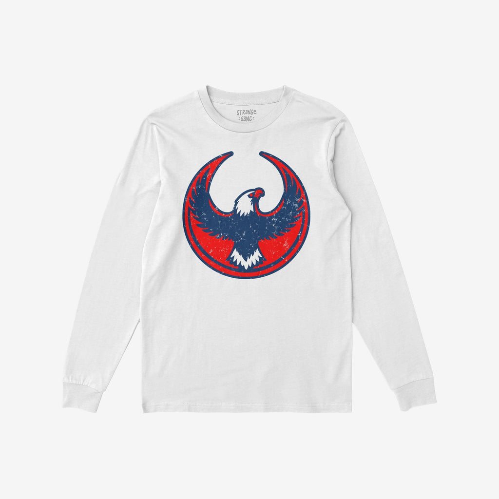 White USA Rebel Alliance T-shirt with long sleeves, featuring a distressed circular emblem of a red and navy blue eagle on the chest, embodying a bold, anti-fascist message.