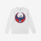 White USA Rebel Alliance T-shirt with long sleeves, featuring a distressed circular emblem of a red and navy blue eagle on the chest, embodying a bold, anti-fascist message.