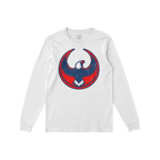 White USA Rebel Alliance T-shirt with long sleeves, featuring a distressed circular emblem of a red and navy blue eagle on th