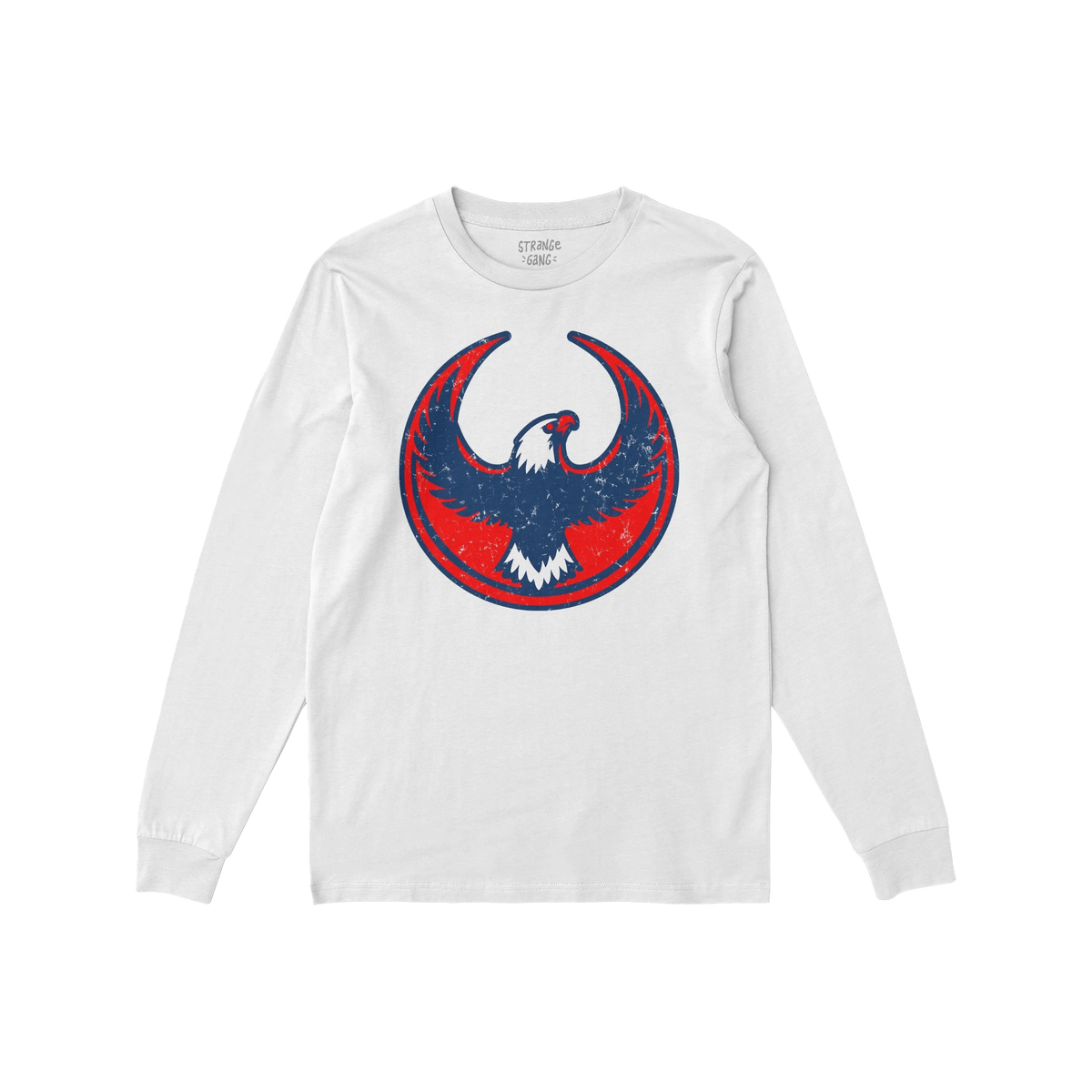 White USA Rebel Alliance T-shirt with long sleeves, featuring a distressed circular emblem of a red and navy blue eagle on th