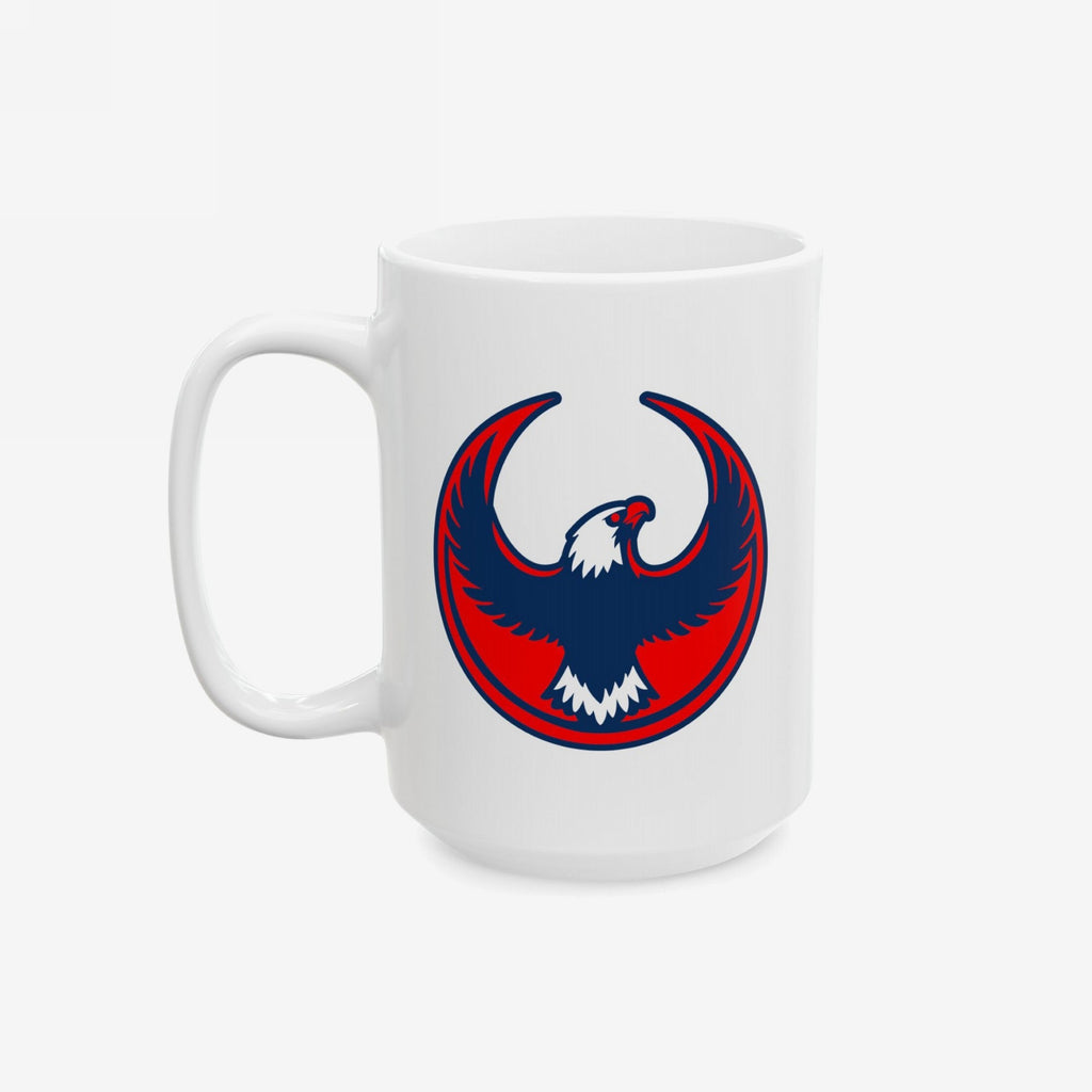 USA Rebel Alliance Mug featuring a stylized eagle design in navy blue and red with a white head, symbolizing anti-fascist values and patriotism. Available in 11 oz. and 15 oz. sizes.