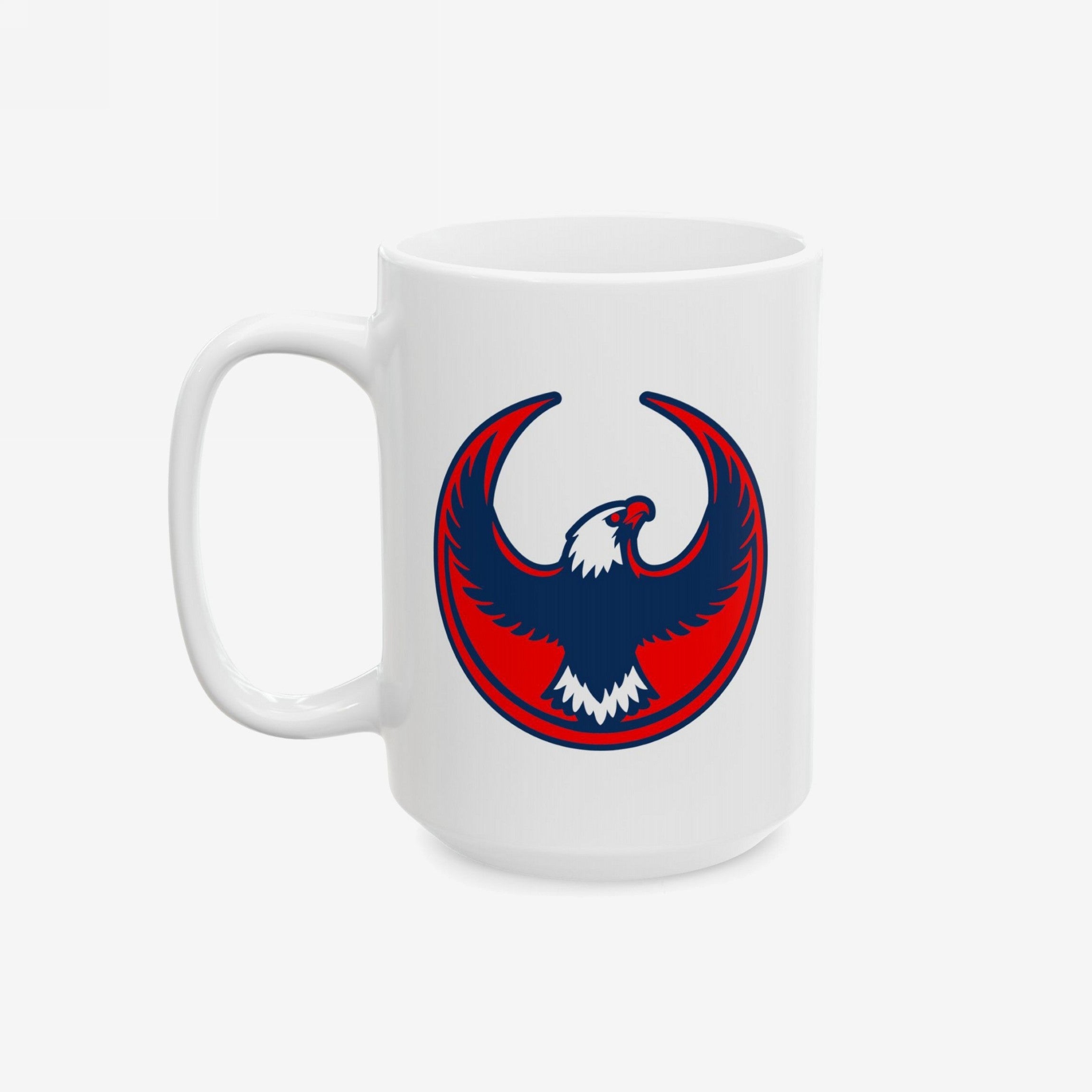 USA Rebel Alliance Mug featuring a stylized eagle design in navy blue and red with a white head, symbolizing anti-fascist values and patriotism. Available in 11 oz. and 15 oz. sizes.
