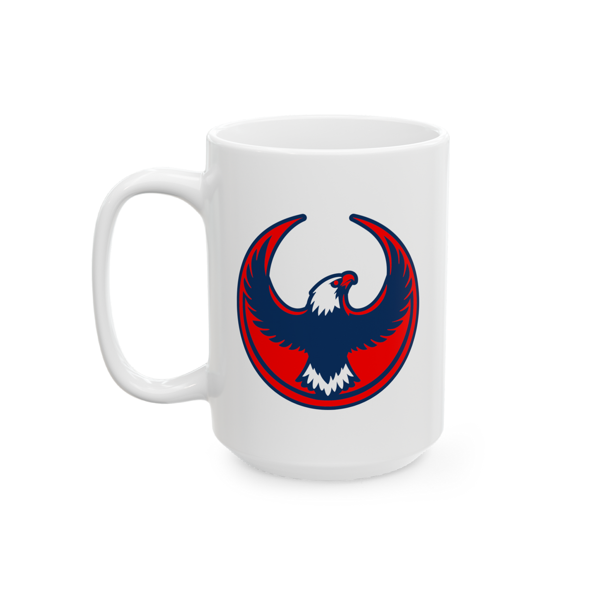 USA Rebel Alliance Mug featuring a stylized eagle design in navy blue and red with a white head, symbolizing anti-fascist val