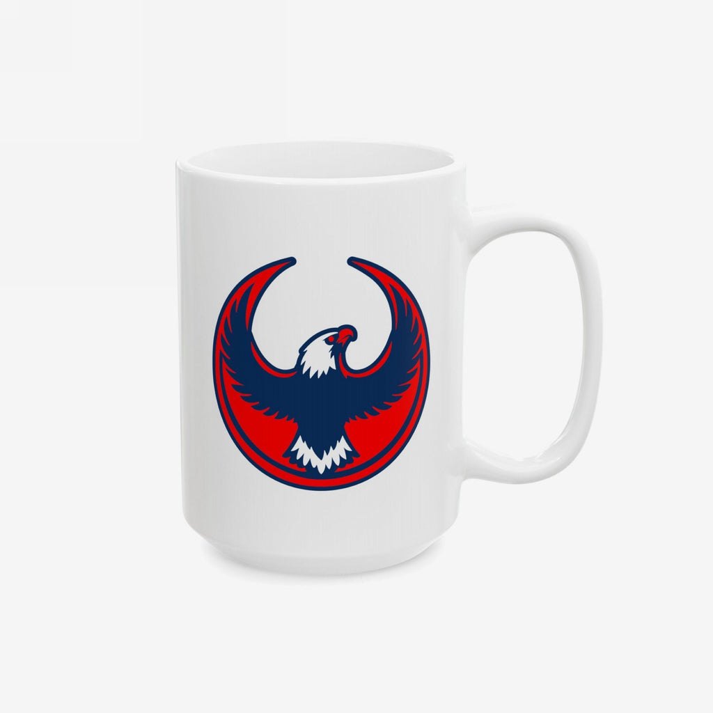 USA Rebel Alliance Mug featuring a stylized eagle logo in red, white, and blue, symbolizing anti-fascist patriotism. The mug's clean white ceramic finish showcases a bold design for conscious coffee enthusiasts.