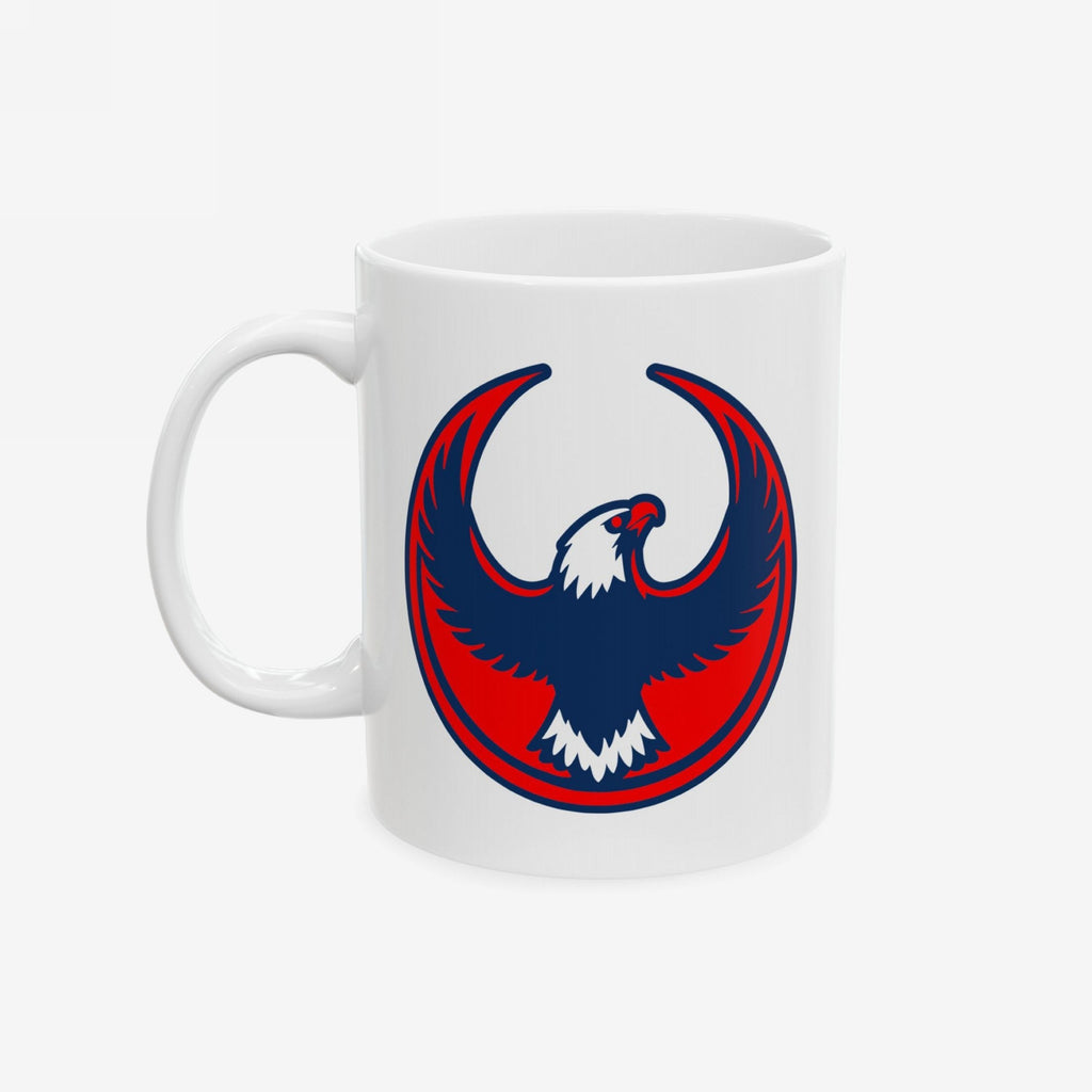 USA Rebel Alliance Mug featuring a red and blue eagle emblem, symbolizing anti-fascist patriotism, ideal for supporters of equality and immigrant rights. Available in 11 oz. and 15 oz. sizes.