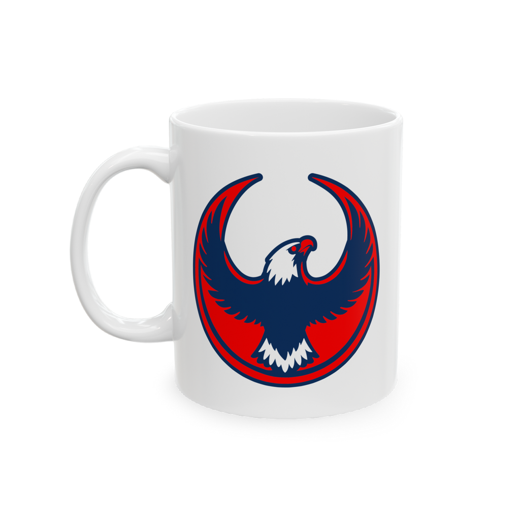 USA Rebel Alliance Mug featuring a red and blue eagle emblem, symbolizing anti-fascist patriotism, ideal for supporters of eq