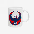 USA Rebel Alliance Mug featuring a bold stylized eagle emblem in red, white, and dark blue, symbolizing anti-fascist patriotism. Ideal for those supporting immigrant rights and community defense. Dishwasher and microwave safe.