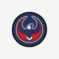 USA Rebel Alliance Patch featuring a stylized eagle with upward-swept wings, in a bold red and blue design. Ideal for anti-fascist and immigrant rights supporters, it conveys defiance and patriotism.