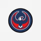 USA Rebel Alliance Patch featuring a stylized eagle with upward-swept wings, in a bold red and blue design. Ideal for anti-fascist and immigrant rights supporters, it conveys defiance and patriotism.
