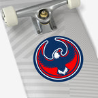 USA Rebel Alliance Sticker on light gray skateboard deck features a round emblem with a stylized eagle, symbolizing anti-fascism and patriotism. Ideal for expressing community support on various surfaces.