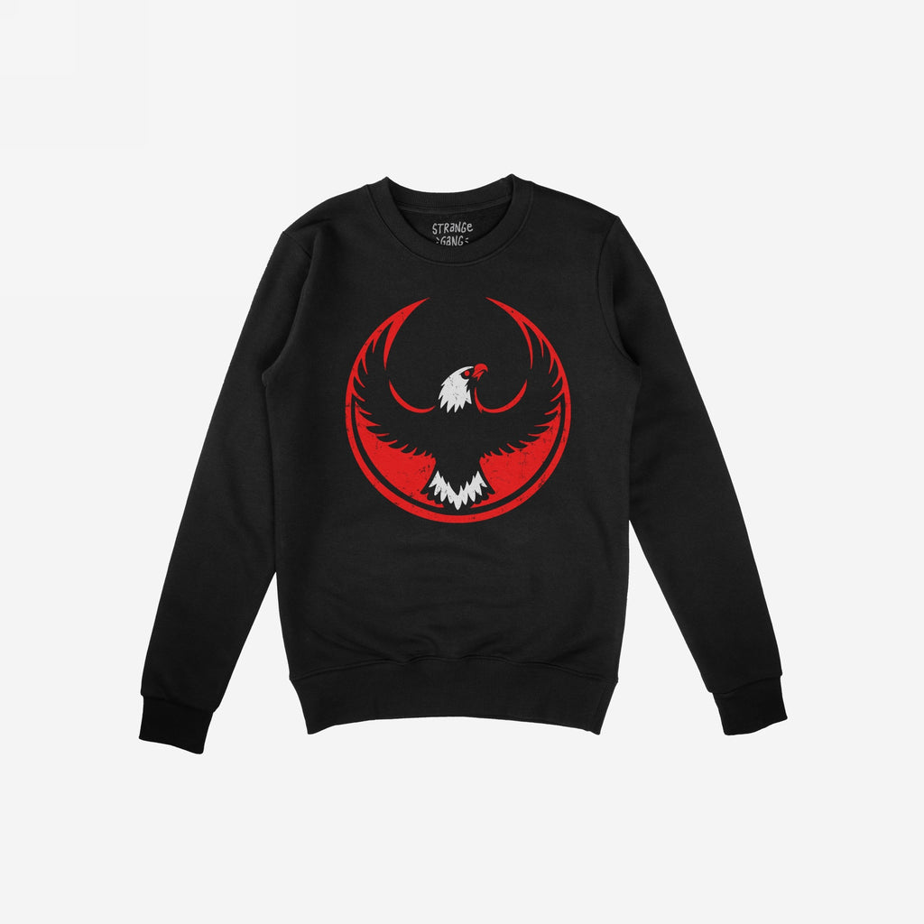 Black crewneck sweatshirt featuring the USA Rebel Alliance design, displaying a circular red-and-white eagle motif, embodying patriotism with a defiant edge. Ideal for those questioning authority and supporting equality.