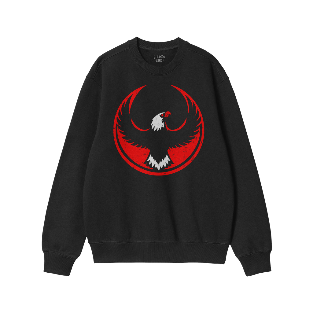 Black crewneck sweatshirt featuring the USA Rebel Alliance design, displaying a circular red-and-white eagle motif, embodying